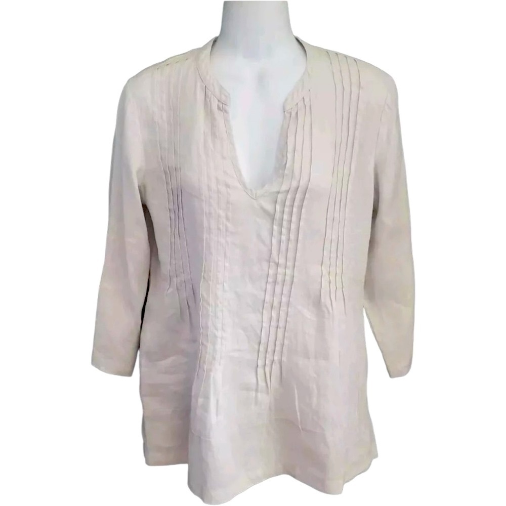 Saint Tropez West Size Large Cream 100% Linen 3/4 Sleeve Tunic